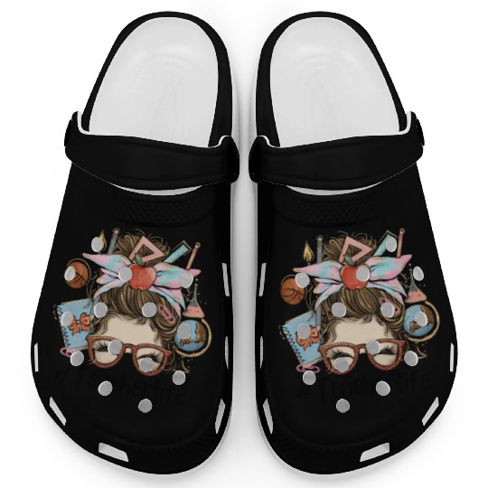 Messy Bun Teacher Life Sublimation Clogs
