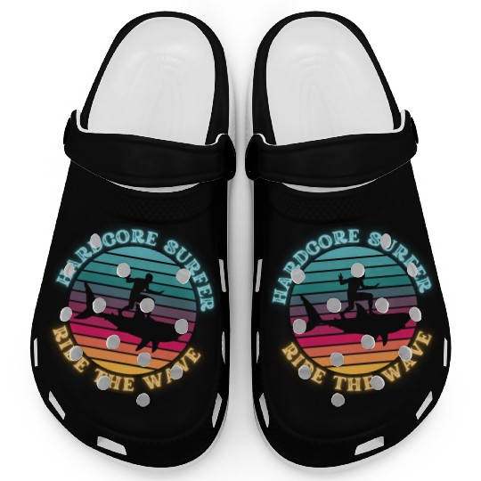Hardcore Shark Surfer Ride the Wave Sunset Neon Clogs