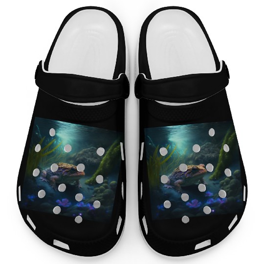 A toad in a creek the toad has blue glowing eyes Clogs