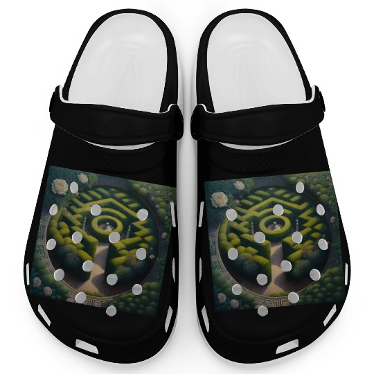 A garden with hedges and flowers Clogs