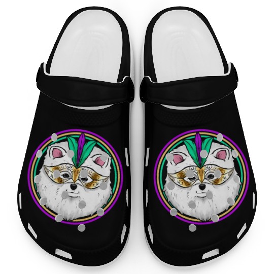 Pomeranian Or Samoyed Dog With Mask For Mardi Gras Clogs