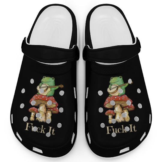 Cottagecore Frog Playing Guitar says Fuck It Clogs