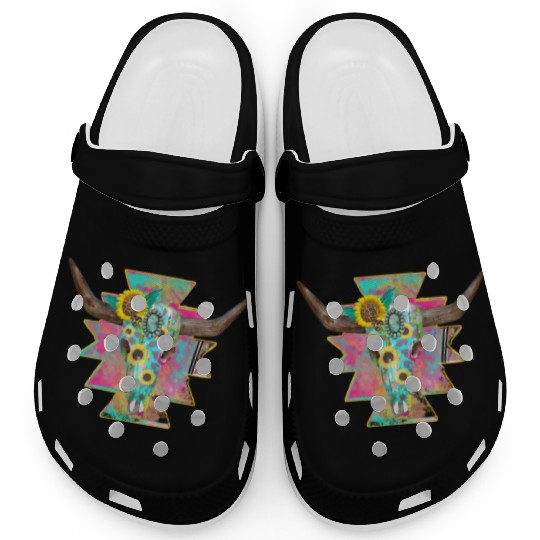 Colorful Floral Bull Skull Clogs