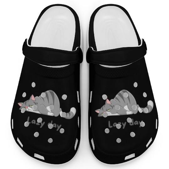 Gray Cat Cartoon with lazy day design Clogs