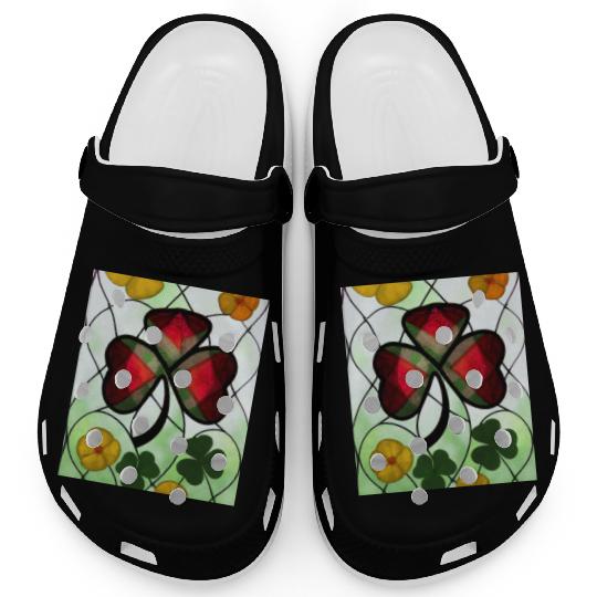Red plaid Shamrock with Yellow Poppies (AI Art) Clogs