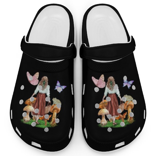 CottageCore girl mushrooms frog butterflies Clogs