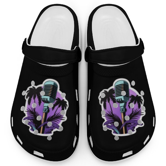 Microphone surrounded by palm trees, flat colors, Clogs