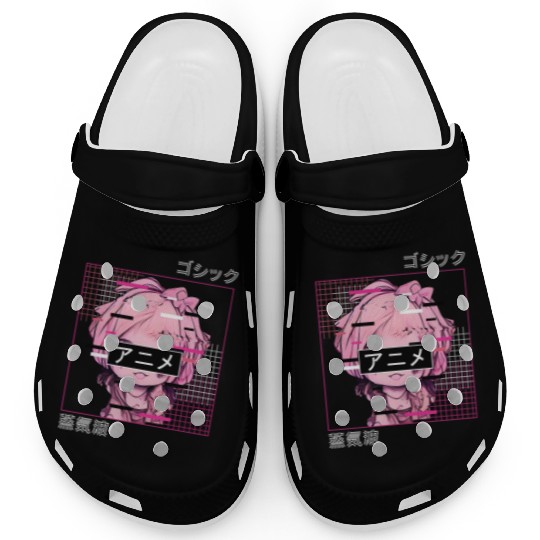 Glitch Anime Chibi Japanese Vaporwave Aesthetic Pa Clogs