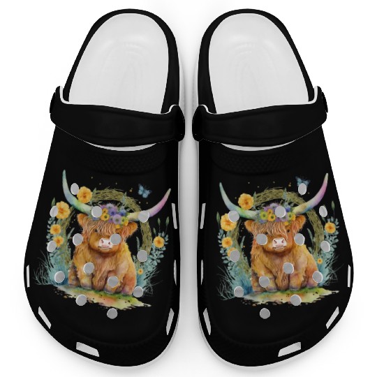 Highland Cow With Colorful Flowers Clogs