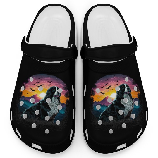 Bernese Mountain Dog with Mountain Sunrise view Clogs