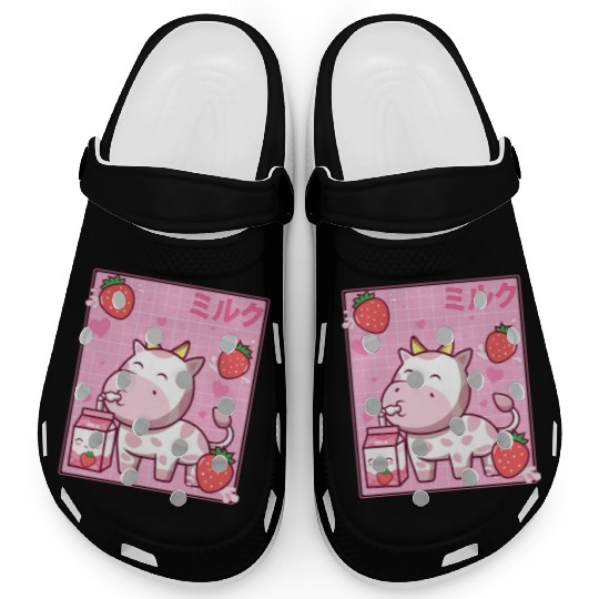 Kawaii Pink Strawberry Cow Milk Shake Otaku Anime Clogs