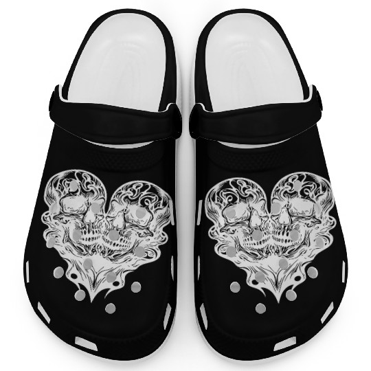 Two Skulls Heart T Tattoo Style Clogs