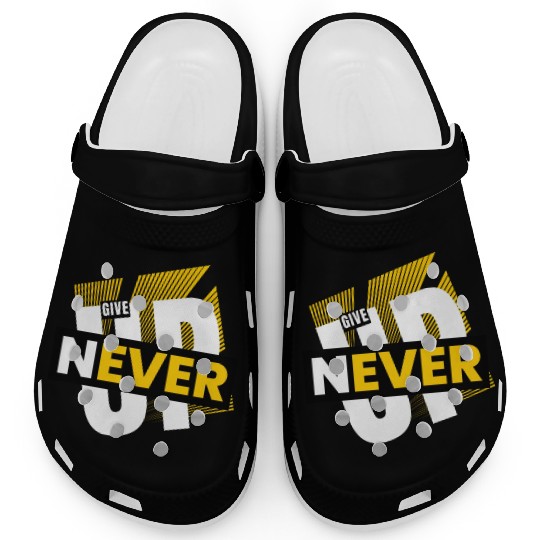White Yellow Typography Never Give Up Clogs