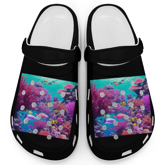 Viral magenta coral reef with tropical fish Clogs