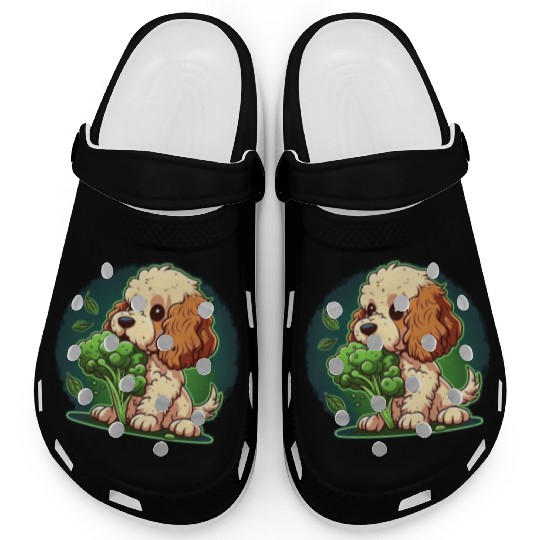Cute dog eats green broccoli vegetables Clogs