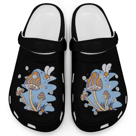 A mushroom with a bee flying over it Unisex Clogs