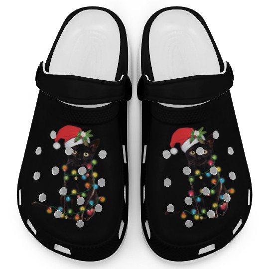 Black Santa Cat Tangled Up In Lights Christmas Clogs