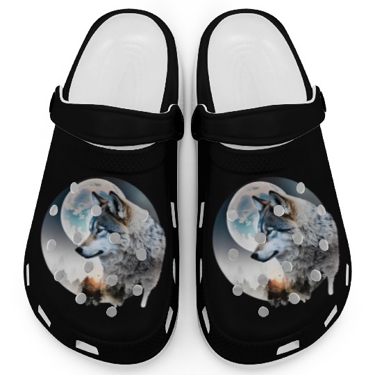 Wolf Moonlight Forest Wild Werewolf Watercolor 3 Clogs