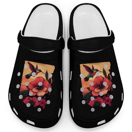 Hummingbird flies over hibiscus flower Tropical Clogs