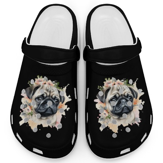 Pug Dog Watercolor Floral Clogs