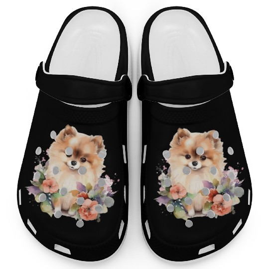 Pomeranian Dog Watercolor Floral Clogs