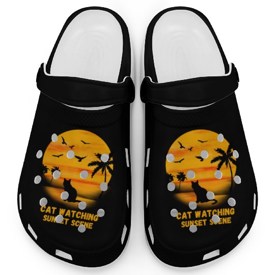 Cat watching sunset scene - Cat Lover Clogs