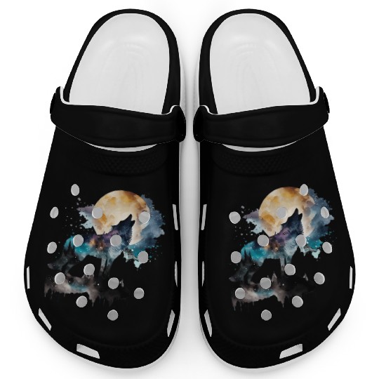 Mountain Wolf Multicolor Watercolor Portrait Clogs
