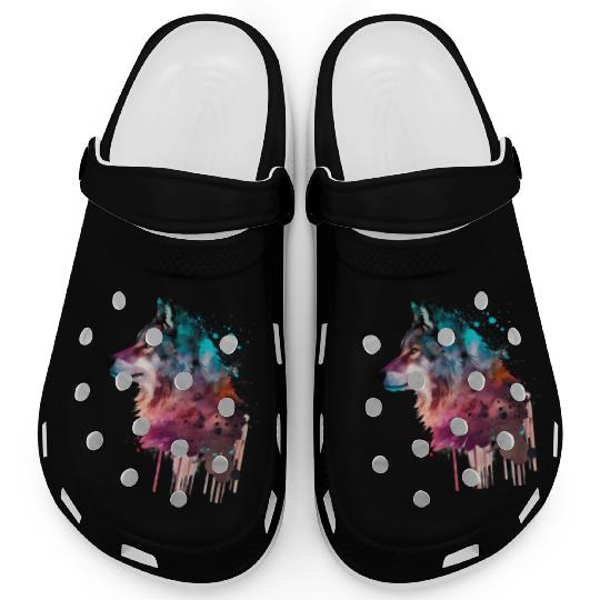 Wolf Multicolor Watercolor Portrait Clogs