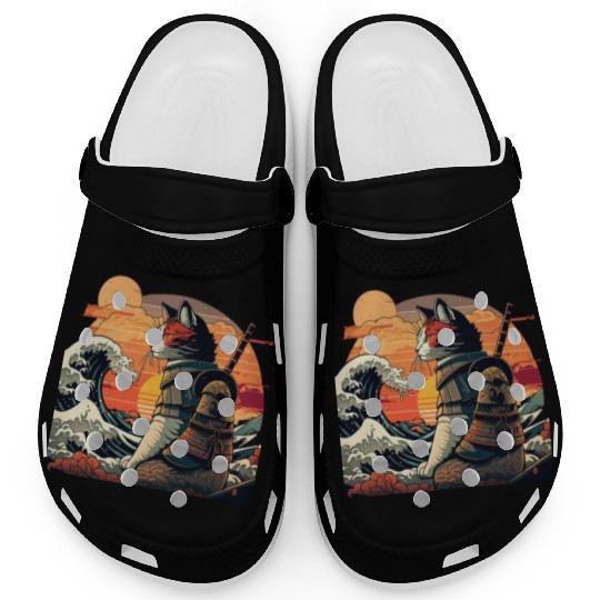 Retro samurai cat The Great Wave Hokusai Clogs