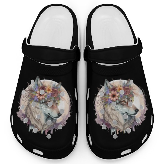 Cute Wolf Flower Crown Boho Aesthetic Animal Lover Clogs