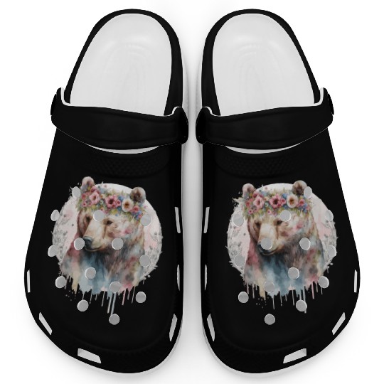 Artistic Watercolor Grizzly Bear Flower Crown Boho Clogs