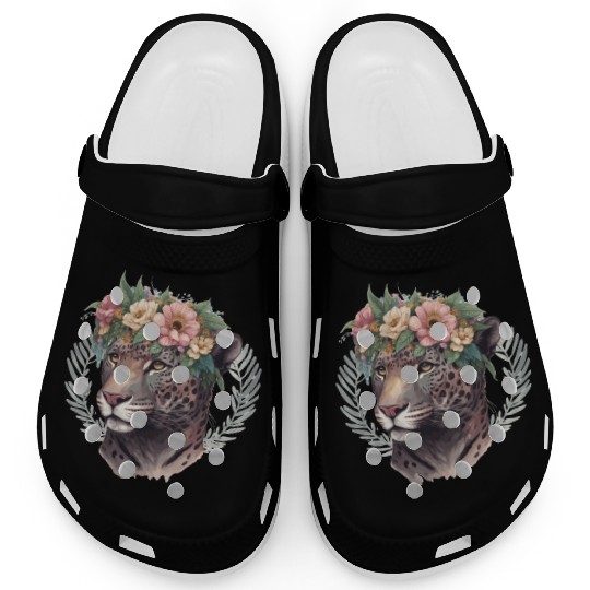 Watercolor Jaguar Flower Crown Wild Cat Lover Clogs