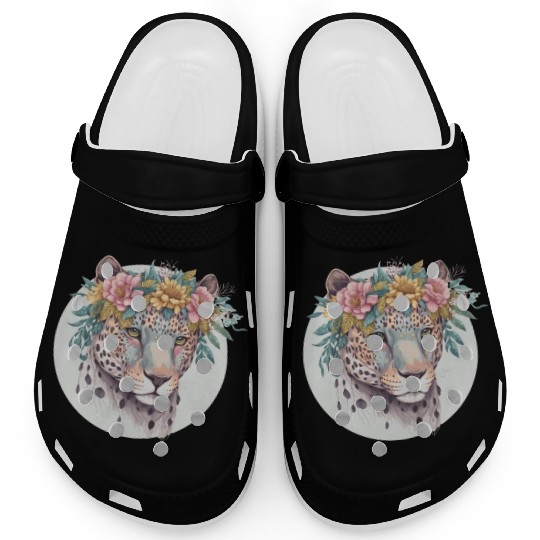 Floral Jaguar Flower Crown Watercolor Animal Clogs