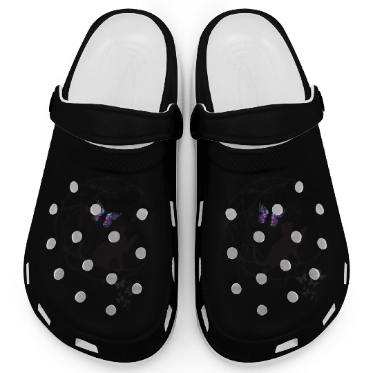 Decorative Black Cat Silhouette With Butterflies Clogs