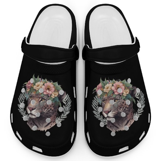 Watercolor Jaguar Flower Crown Wild Cat Lover Clogs
