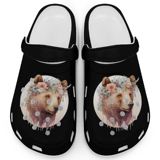 Watercolor Brown Bear Grizzly Flower Crown Wild An Clogs