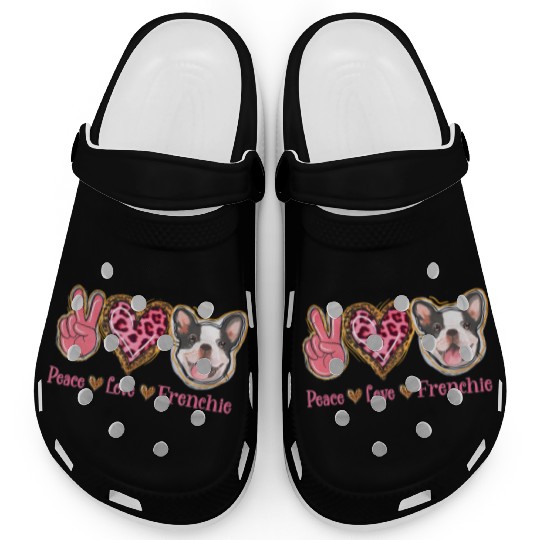 Leopard Peace Love Frenchie Funny Dog Mom Mothers Clogs