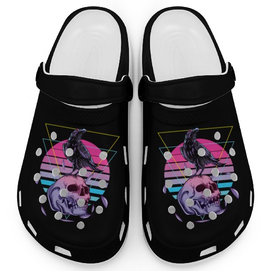 Vaporwave Skull And Crow Aesthetic Pastel Goth Clogs