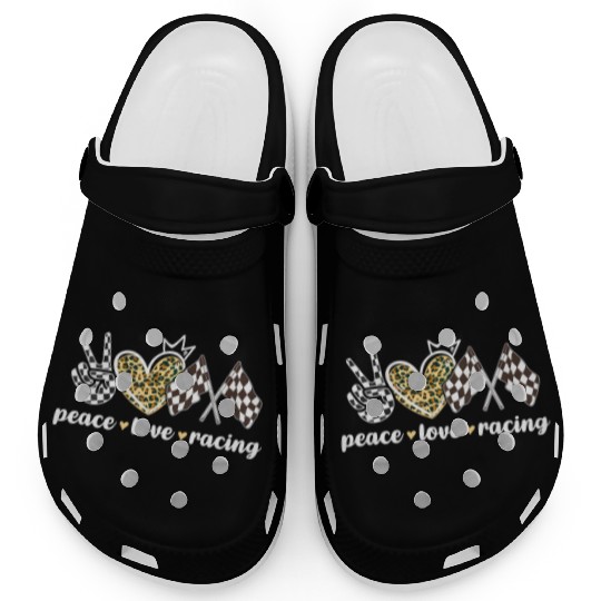 Peace Love Racing Leopard Print V Sign Heart Flag Clogs