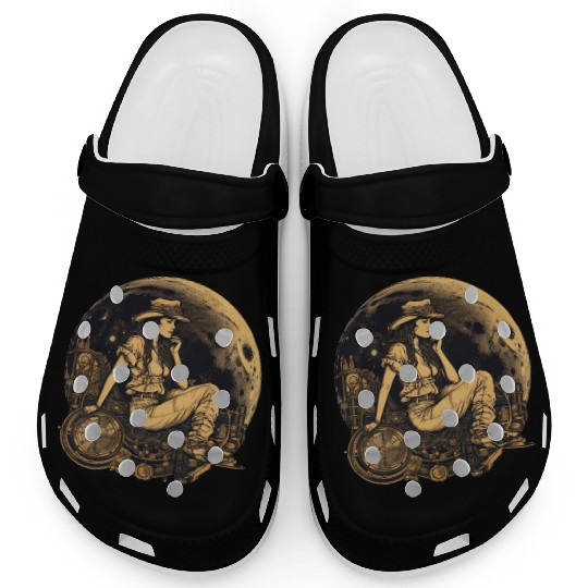 Woman in a golden moon steampunk style Clogs