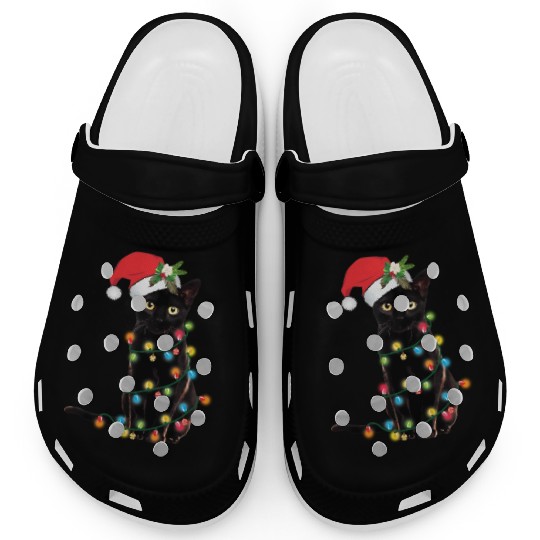 Black Cat Santa Tangled Up In Lights Clogs