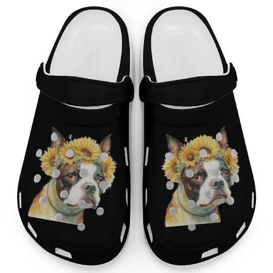 Cute Boston Terrier Sunflower Dog Breed Pet Puppy Clogs