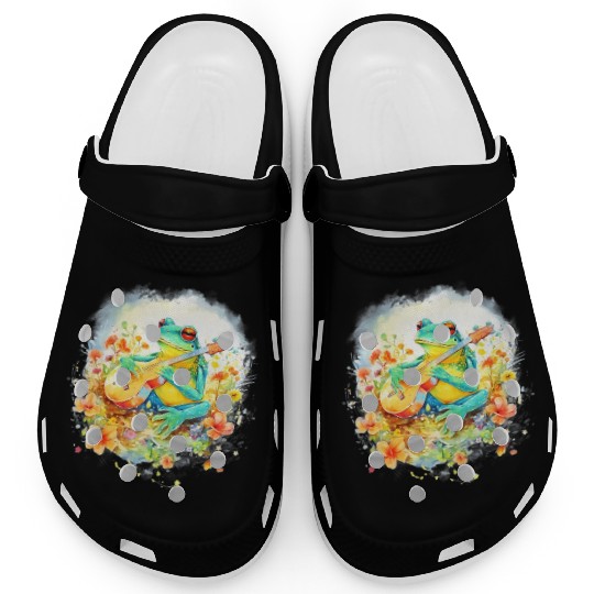 Cottagecore Frog Playing Banjo Guitar Amphibian Clogs