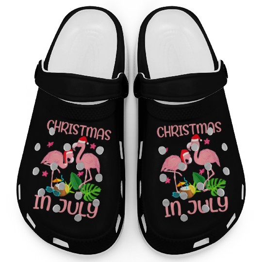 Christmas In July Pink Flamingo Wearing Santa Hat Clogs