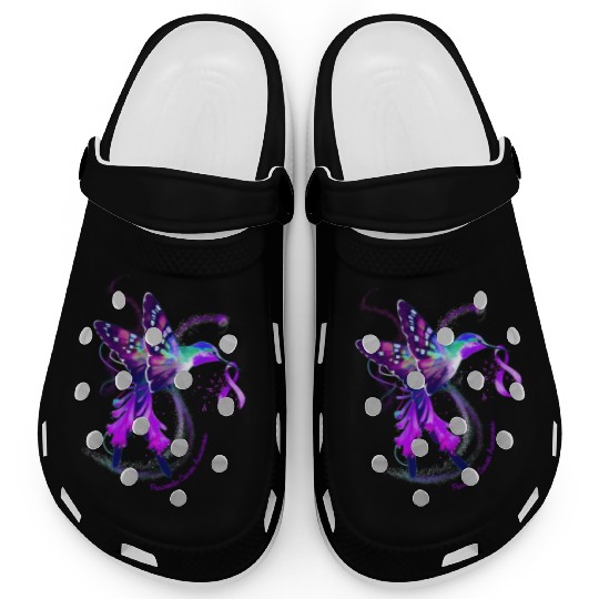 Hummingbird Purple Ribbon Pancreatic Cancer Clogs