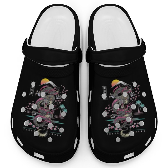 Japanese Dragon Asian Neon retro 80s style Clogs