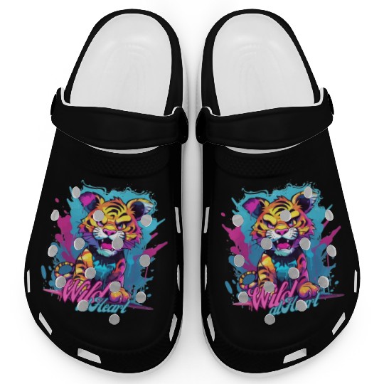 Vibrant Synthwave Sabertooth Tiger Graffiti Kids Clogs
