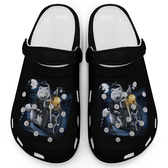 Wolf Riding Chopper Motorcycle In Full Moon Clogs