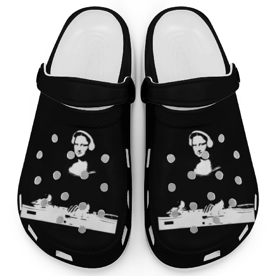 Dj Mona Lisa with Dj Headphone behind a dj table Clogs