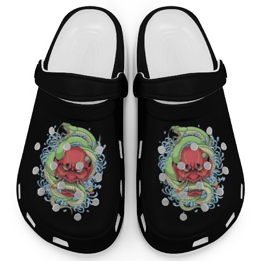 Japanese oni mask with peony flower and greem snak Clogs